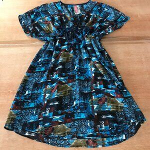 Cinnamon Girl Dress Women S Blue Abstract Art Short Sleeve V Neck Knee Length